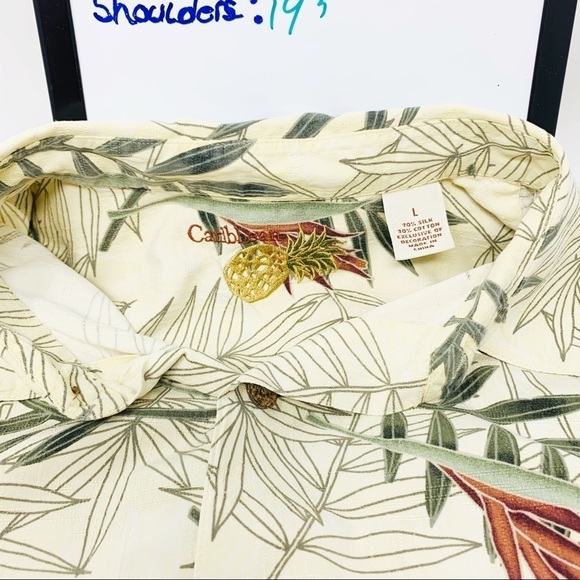Caribbean Silk Blend Hawaiian Short Sleeve Shirt Size L Coconut Button Beige - Picture 8 of 10